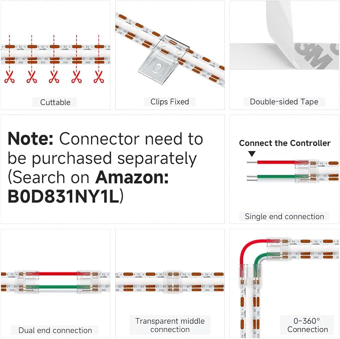 BTF-LIGHTING FCOB COB WS2811(WS2812B) IC RGB 180LED/m 900IC LED Strip DC5V 16.4FT Individual Addressable,UL Listed,High Density Uniform Light Dream Chasing Color 10mm Width(NO Adapter or Controller)