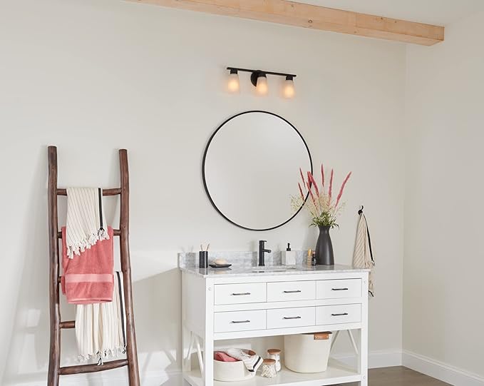 Kichler Stamos 3-Light Bathroom Vanity Light Fixture with Satin Etched Glass Shades, 22 in Modern Wall Light in Black for over Mirror (22 in x 5 in x 8 in), 52608BK