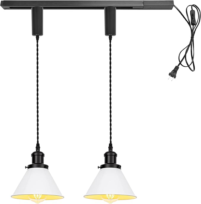 1x Plug in Cable Track Rail, 2X Adjustable Cord Black & White Track Lighting Fixtures H-Type Vintage Design for Kitchen Loft(No Bulb)