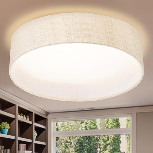 Hamilyeah Flush Mount Ceiling Light Fixture 24W, Dimmable LED Ceiling Light with Beige Fabric Shade 5CCT, 12 inch Drum Light Fixture Ceiling Mount for Living Room, Kitchen, Bathroom, Bedroom
