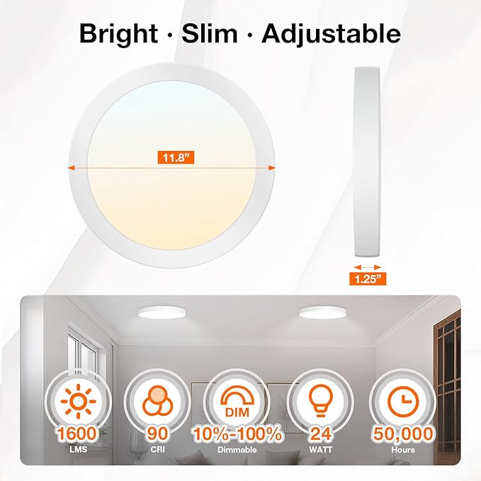 Sylvania 12" LED Flush Mount Ceiling Light Fixture, 24W, 5 Color Select (2700K - 5000K), 1600 LMS, Hardwired, White, LED Lights for Bedroom Kitchen Hallway Porch - 1 Pack (66462)