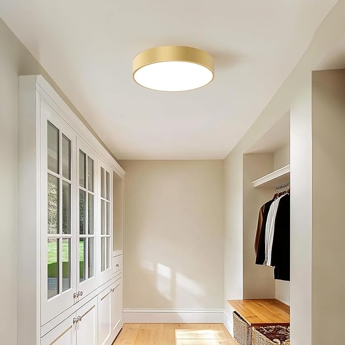 Gold Flush Mount Ceiling Light, 15.8 inch Modern Round Close to Ceiling Lighting Fixtures, Minimalist Ceiling Lamp for Living Room,Dining Room,Bathroom,Foyer,Hallway,Laundry(E12,3-Light