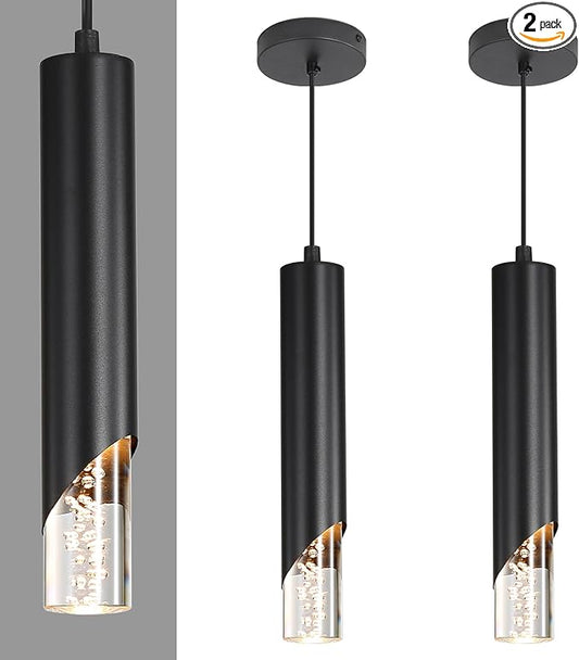 2 Pack Minimalist Kitchen Island Pendant Lights, Black Modern Linear Hanging Light Fixture, Bubble Acrylic, Adjustable 2700K/4500K/6500K, LED Ceiling Lamp for Dining Room, Bedside, Bathroom, Bar