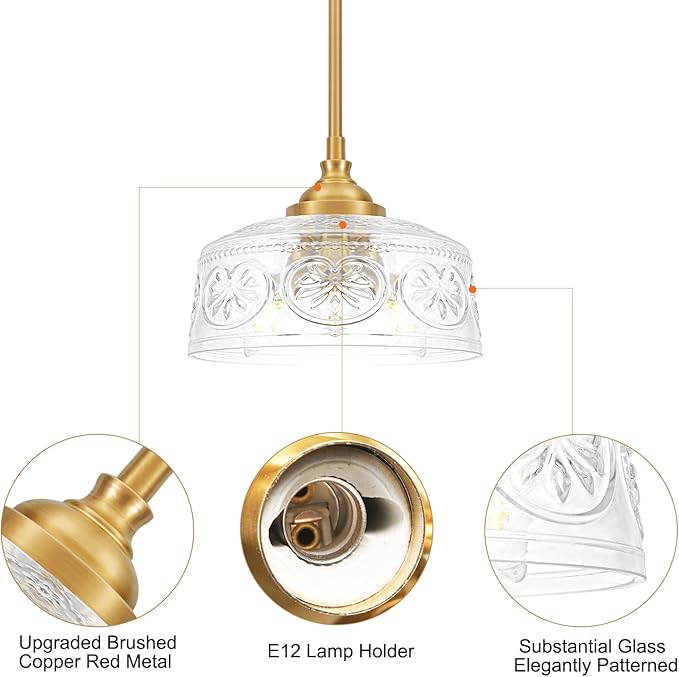 Vintage 3-Light Pendant Light With Embossed Glass Shade, Farmhouse Brushed Gold Pendant Lights Kitchen Island, 2-in-1 Adjustable Hanging & Semi-Flush Mount for Bathroom,Dining Room,Bedroom,Hallway,E12