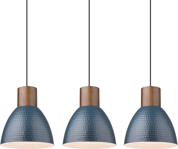 ELYONA 3 Pack Hammered Pendant Lights 7” Small Metal Solid Wood Hanging Light Fixtures Adjustable Height Industrial Pendant Lighting for Kitchen Island Dining Room Bedroom Bar Office, Modern Blue
