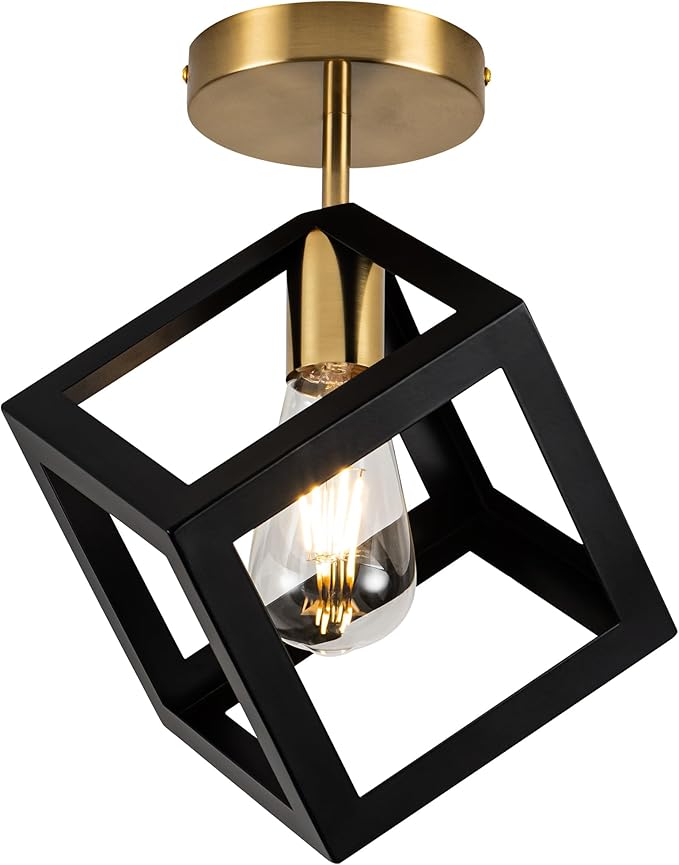 Modern Flush Mount Ceiling Light Fixture, Metal Frame Light Fixture,Black and Gold Finish, 9x9x13inches,for Entryway Porch Hallway Stairway Garage Living Room Dining Room Balcony