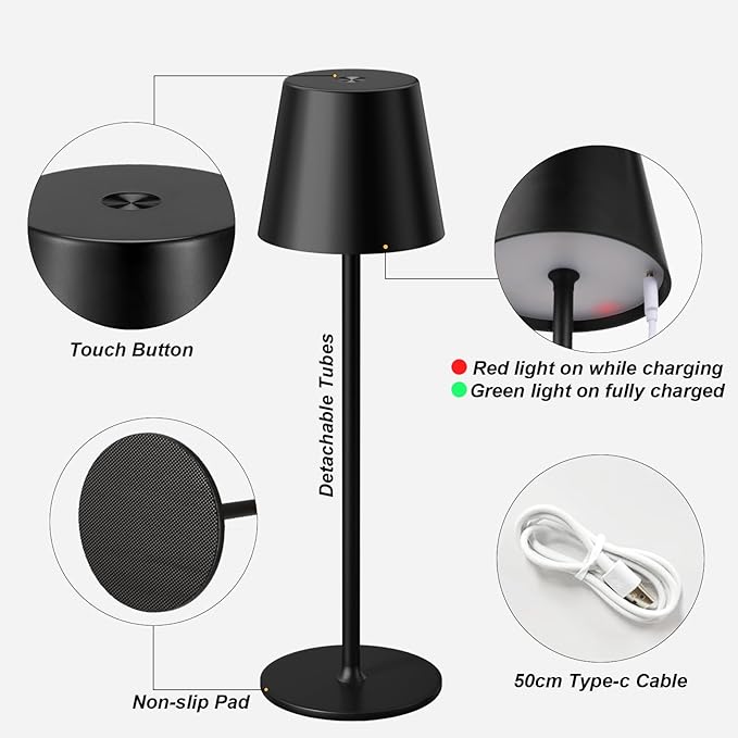 Kakanuo Cordless Table Lamp Rechargeable Black - KK 2 Pack 5000mAH Battery Operated Lamp for Counter, 3 Color Stepless Dimming Wireless Lamp for Dining Kitchen, Outdoor Patio, Touch Control