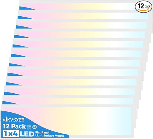 AIKVSXER 12PACK 1x4 LED Flat Panel Light Surface Mount LED Ceiling Light, 5500LM 50W TRIAC 10-100% Dimmable, 3000/4000/5000K AC120V Kitchen Lights Ceiling Flush Mount for Garage/Basement/Laundry