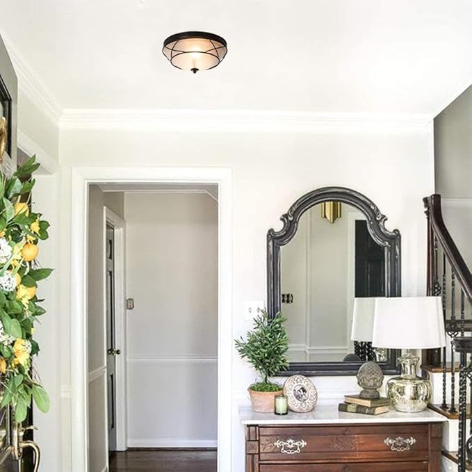 12" Black Classic Dome Ceiling Light Flush Mount, 2-Light Bronze Lighting Fixtures, Frosted Glass Farmhouse Ceiling Lamp for Living Room Kitchen Bedroom Hallway Entryway Staircase