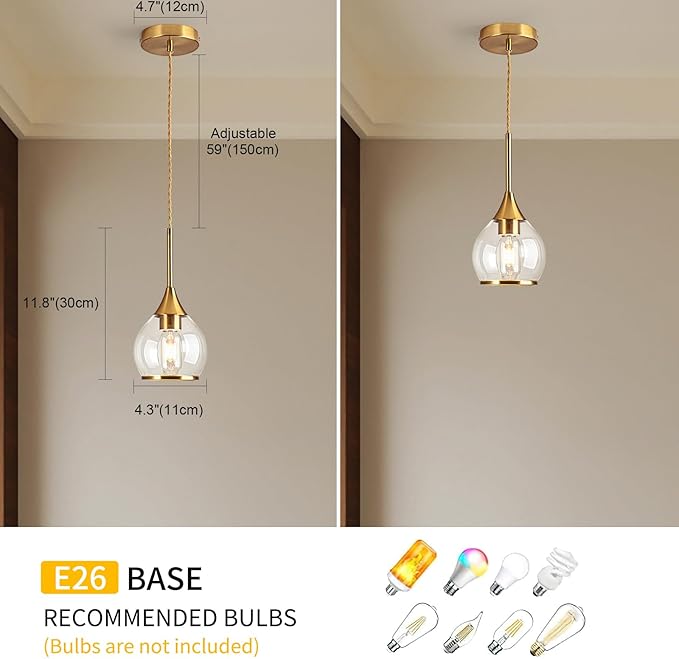 1-Piece Island Light for Kitchen, 1-Light Gold Kitchen Island Hanging Pendant Light with Clear Round Glass Shades, Brushed Gold Finish Dining Room Light Fixture Over Table