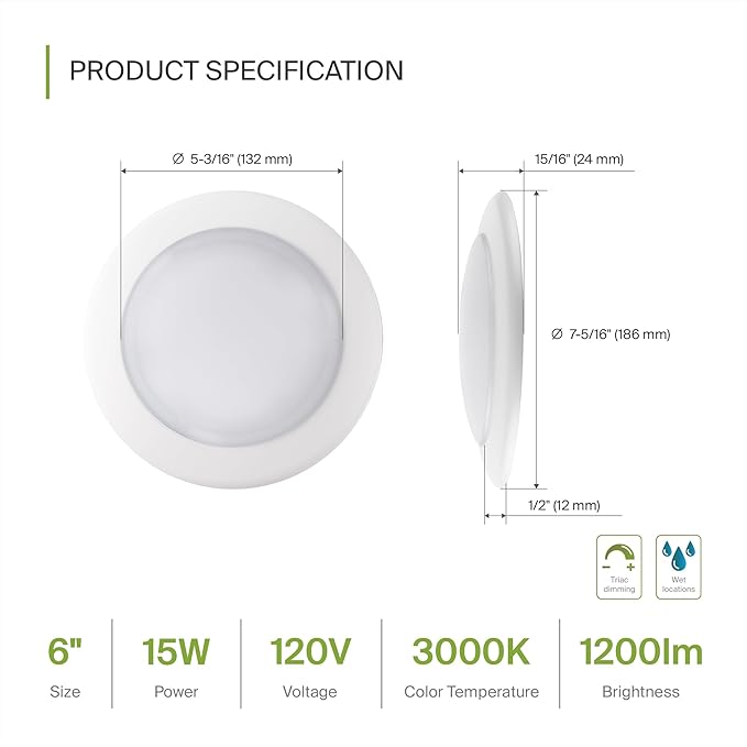 ASD 12 Pack LED Disk Lights 6 Inch, 15W 3000K Warm White 1200LM CRI90+, Dimmable Flush Mount Ceiling Light Fixture, Low Profile Surface Mount Disc, Junction Box & Recessed Can Install, ETL Energy Star