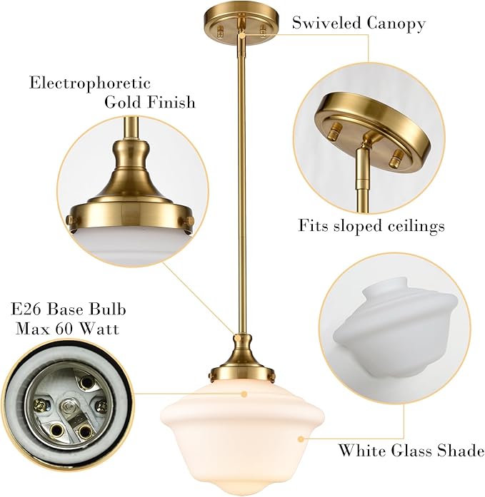SAMTEEN Modern Gold Pendant Light Schoolhouse Light Fixture 10-Inch White Glass Pendant Lighting for Kitchen Island Adjustable Height Brass Hanging Light Kit for Dining Room Hallway