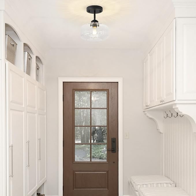 TeHenoo Modern Sloped Ceiling Light, Ribbed Clear Glass Flush Mount for Entryway, Hallway,Vaulted Ceiling,Matte Black