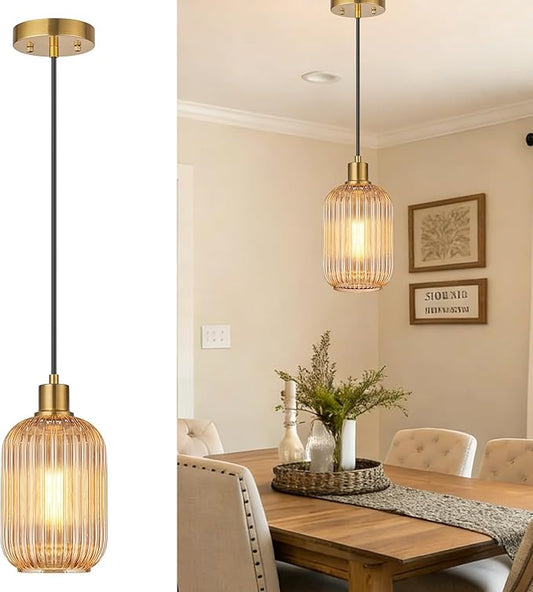 1 Pack Pendant Lights with Vintage Amber Ribbed Glass Lampshade, Adjustable Brushed Gold Pendant Lights Fixtures for Kitchen Island Lighting Sink, Dining & Living Room Hallway (Bulbs Not Included)