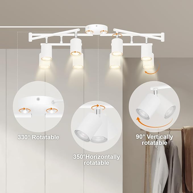 Track Lighting Plug in, LED Track Lighting Fixtures Ceiling Kit, White 8-Light Ceiling Light Plug-in, Wall Light with 15ft Power Cord, Rotatable Kitchen Spotlight for Bedroom(GU10 Socket, NO Bulb)