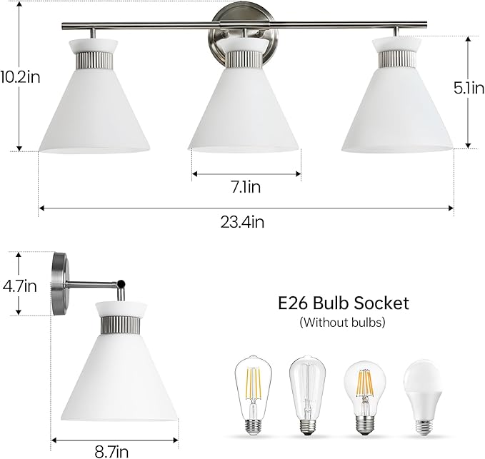 WOSHITU Nickel Bathroom Vanity Light Fixtures: Vanity Lighting Fixtures Over Mirror 23.4 inch with Milky White Frosted Glass, 3-Lights Vanity Light Above Mirror Bathroom Wall Light(Exclude Bulb)