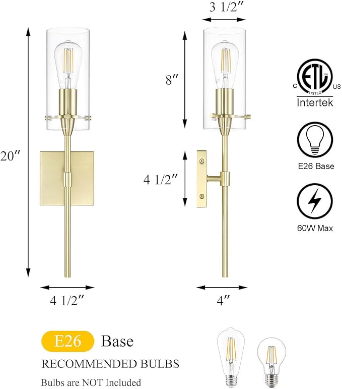 XiNBEi Lighting Gold Wall Sconce Modern Single Bathroom Sconce Light with Clear Glass Brass Wall Light Fixtures for Vanity & Living Room