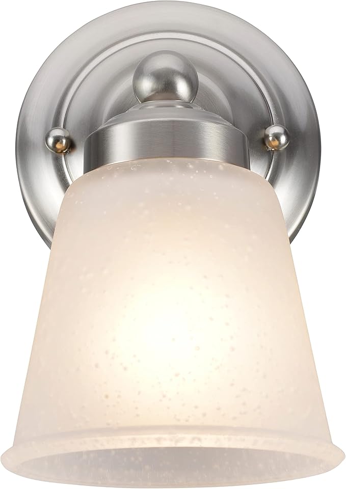 Aspen Creative 62012-1, One-Light Metal Bathroom Vanity Wall Light Fixture, 5" Wide, Transitional Design in Satin Nickel with Frosted Seeded Glass Shade
