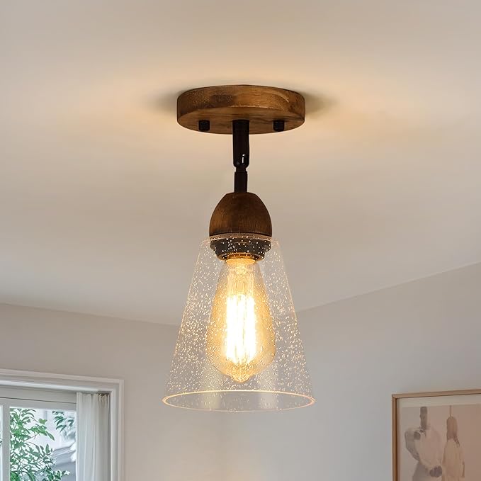 Rustic Farmhouse Glass Flush Mount Ceiling Light Fixture Mini Clear Seeded Glass Shade and Oak Wood Semi Flush Mount Ceiling Light for Kitchen Hallway Entryway Sink Farmhouse