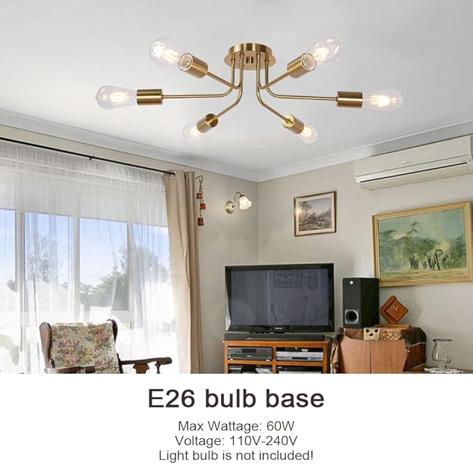 Mid Century Modern Ceiling Lighting Industrial Semi Flush Mount Light Fixture Brushed Brass 6 Light Sputnik Chandelier for Kitchen Dining Room Bedroom Living Room Foyer