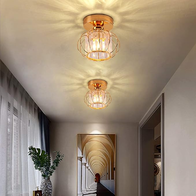 Gold Modern Semi Flush Mount Ceiling Light Fixture Mini Chandeliers Crystal Ceiling Flush Mount Ceiling Lighting Fixture Lampshade for Bedroom Kitchen Hallway Staircase Closet Dining Room E26 Base