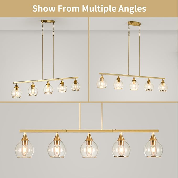 Island Light for Kitchen, 5-Light Gold Kitchen Island Linear Hanging Light Chandeliers, Brushed Gold Dining Room Light Fixture Over Table with Clear Round Glass Shades