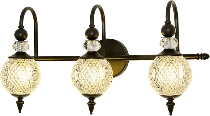 Vintage Vanity Light 3 Lights Black Bathroom Light Fixtures Over Mirror with Acrylic Globe Shade