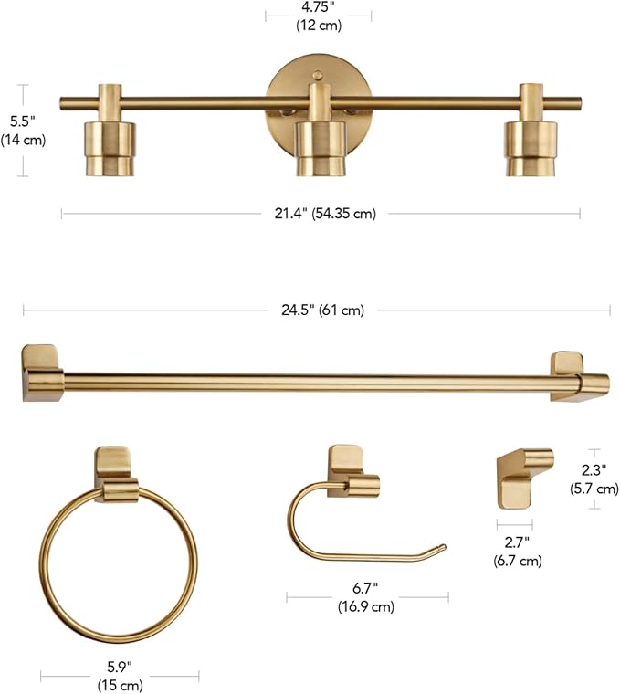 Globe Electric 51563 5-Piece Bathroom Accessory Set with 3-Light Vanity Fixture, Matte Brass Finish, Open Socket Design, Towel Bar, Towel Ring, Robe Hook, Toilet Paper Holder