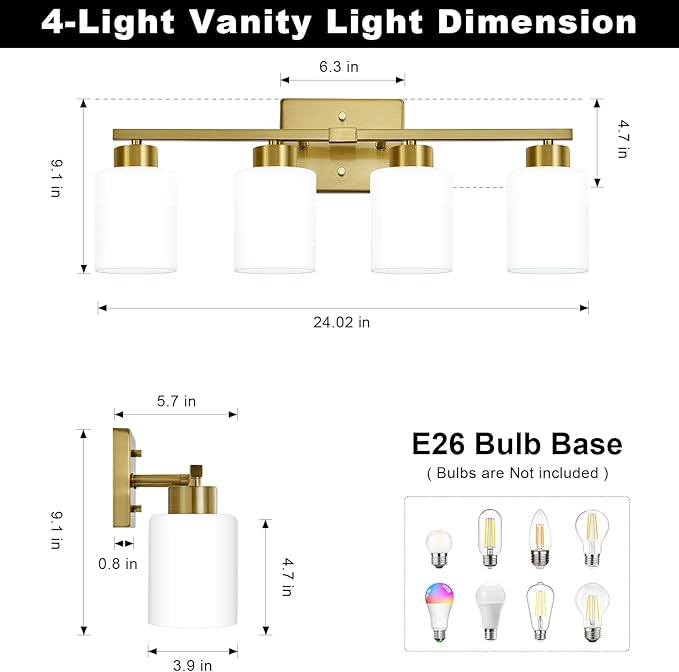 FonmYim Brushed Gold Bathroom Light Fixtures, 4-Light Modern Vanity Light Over Mirror, Wall Sconces with Milky White Frosted Glass Shades, E26 Socket (Bulbs Not Included)