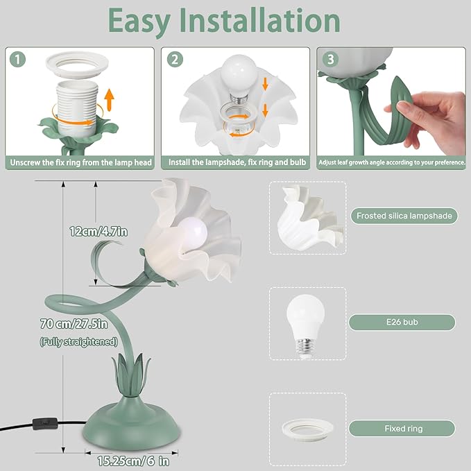 Women Bedside Table Lamps for Bedroom, Cute Flower Desk Lamp With Adjustable Flexible Gooseneck, 3 Color Temperatures Nightstand Lamp with E26 LED Bulbs, Floral Lamp for Living Room, Office ,Reading