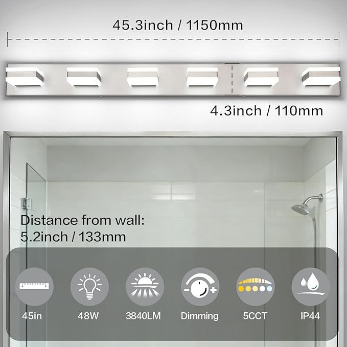 SOLFART Bathroom Light Fixtures, 5 Color Temperature Modern Vanity Lights, Brushed Nickel 6 Lights LED Lighting Light Color Adjustable 5CCT