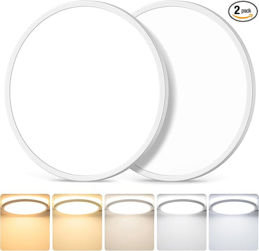 12 Inch 3200LM Dimmable LED Flush Mount Ceiling Lights, 2-Pack 24W Ceiling Light Fixtures, 2700K/3000K/4000K/5000K/6500K 5 Color in One, Ultra Thin White Round Lamps for Kitchen, Bedroom, Hallway