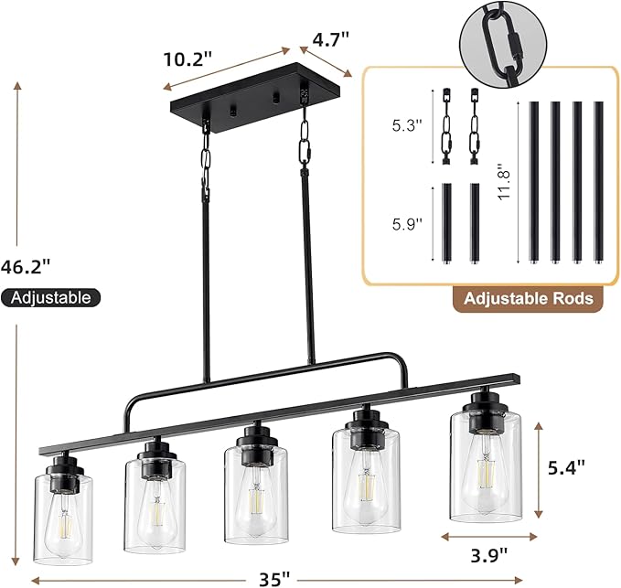 Dining Room Light Fixture - Black 5-Light Farmhouse Chandelier Kitchen Island Lights Fixtures Modern Linear Chandeliers Hanging Pendant Lighting Over Table for Dining Room