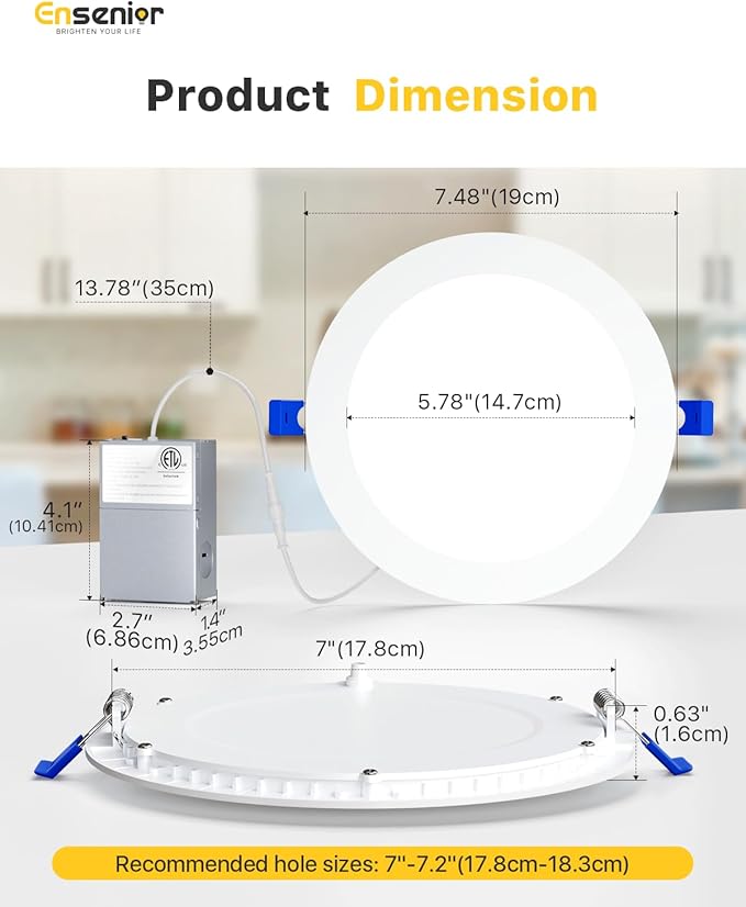 Ensenior 12 Pack 7 Inch LED Recessed Ceiling Light, Dimmable, 2700K-5000K 5CCT, 1600LM 15W 120V, High Brightness Canless Wafer Downlight - ETL&FCC&IC