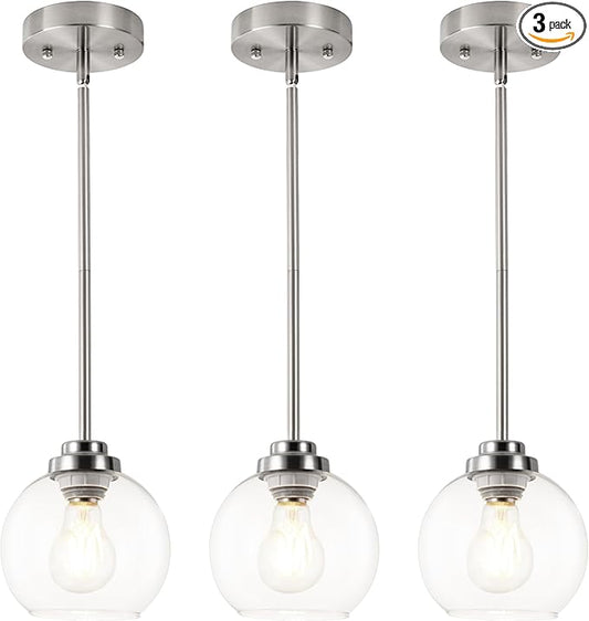 3 Pack Globe Pendant Light, Brushed Nickel Hanging Ceiling Light Fixtures with White Frosted Glass Shade, Modern House Adjustable Lights for Kitchen Island Bedroom Hallway