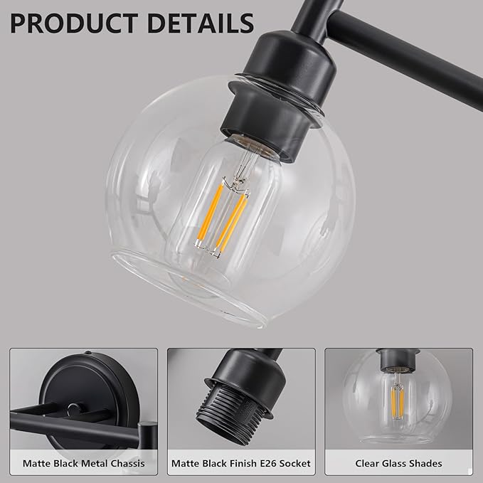 Modern Black Bathroom Vanity Lights,3-Light Matte Black Bathroom Light Fixture with Clear Glass Globe Shades, Adjustable Brightness Vanity Lighting fixtures for Kitchen,Bedroom,Hallway