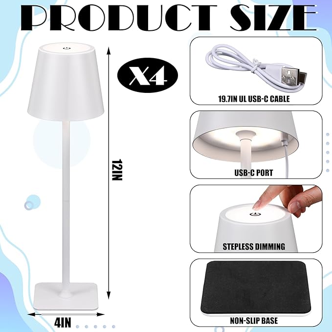 4 Pack Wedding Cordless Table Lamp for Outdoor Party Table Night Light LED Rechargeable Reading Lights 3 Color Portable Touch Control Party Decor with Bows for Wedding Patio