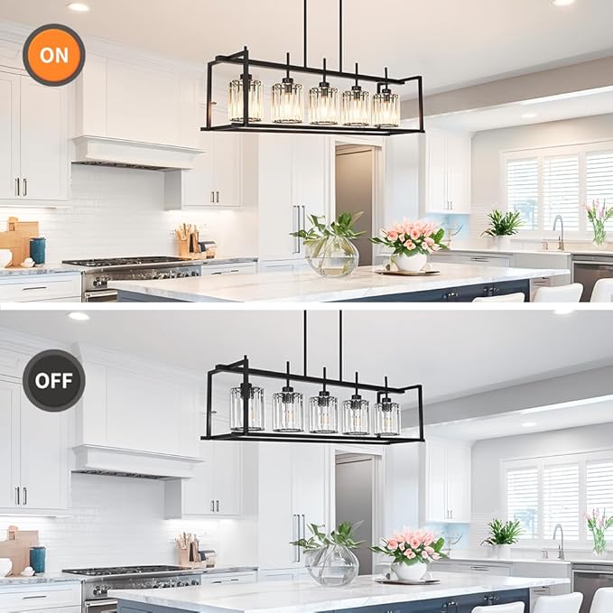 DSMJFU Black Farmhouse Rectangular Chandelier for Dining Room, 5-Light Linear Pendant Lighting, Rectangular Kitchen Island Light with Crystal Shades, Adjustable Height Rectangle Hanging Lighting