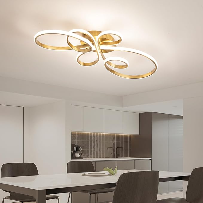 56W Modern LED Ceiling Light, Flower Flush Mount Light Fixture with Remote Control Gold Dimmable Ceiling Lamp for Living Room, Bedroom, Dining Room, Hallway, Kitchen