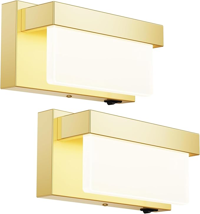 Switched LED Wall Sconce Set of 2, Indoor 8 inch 12 Watt 4000K Wired Gold Wall Mounted Sconce Light with On/Off Switch, Frosted Arcylic Shade Sconces for Bedroom Living Room Bathroom Kitchen Hallway