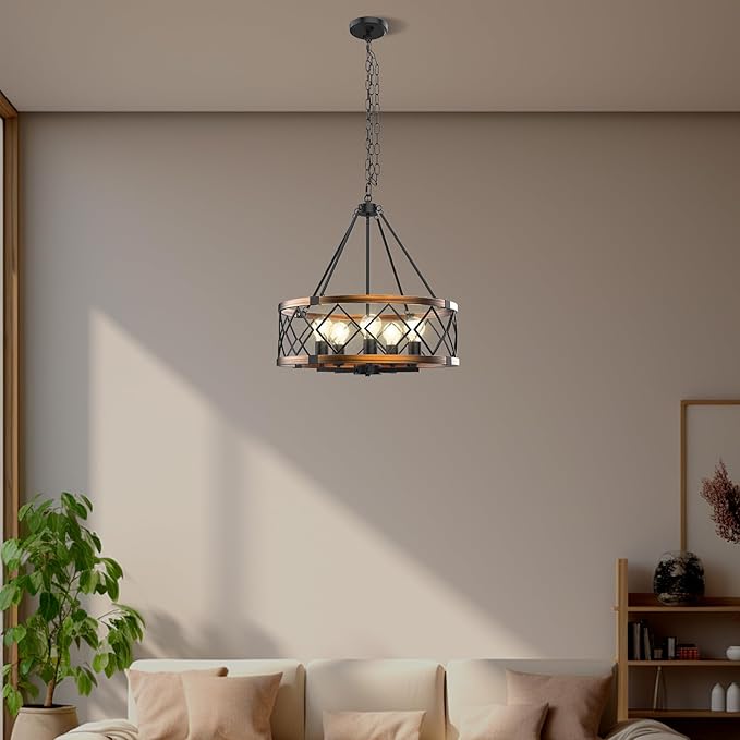 5-Light Black and Gold Chandelier, Farmhouse Industrial Pendant Light Adjustable Height Metal Hanging Fixture E26 Base for Kitchen Island, Dining Room, Living Room
