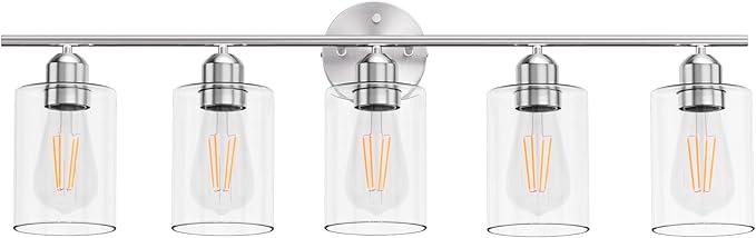Espird Bathroom Vanity Light Fixtures Brushed Nickel Bathroom Lighting Fixture, 5 Lights Bathroom Light Fixture Over Mirror, Modern Black Vanity Light, Wall Sconces with Glass Shades