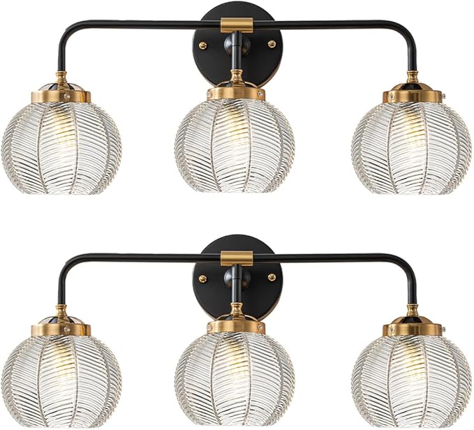 Farmhouse Vanity Light Vintage Modern Light Fixture for Bathroom Globe Wall Sconce Indoor Clear Glass Ribbed Mid Century Wall Sconce 3 Lights Over Mirror Vanity Lighting Bathroom