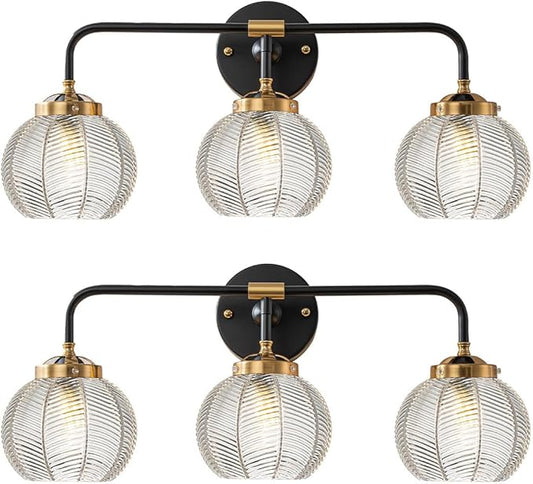 Farmhouse Vanity Light Vintage Modern Light Fixture for Bathroom Globe Wall Sconce Indoor Clear Glass Ribbed Mid Century Wall Sconce 3 Lights Over Mirror Vanity Lighting Bathroom