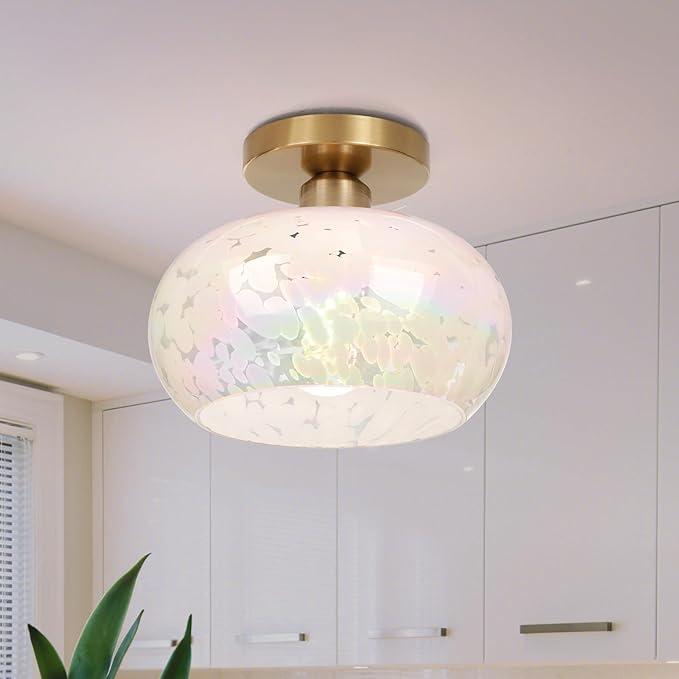 FRIDEKO HOME Glass Ceiling Light - Farmhouse Hallway Lighting Fixtures Ceiling Semi Flush Mount Ceiling Light Fixture for Kitchen Bathroom Entryway Porch (Rainbow-8.66 inch)