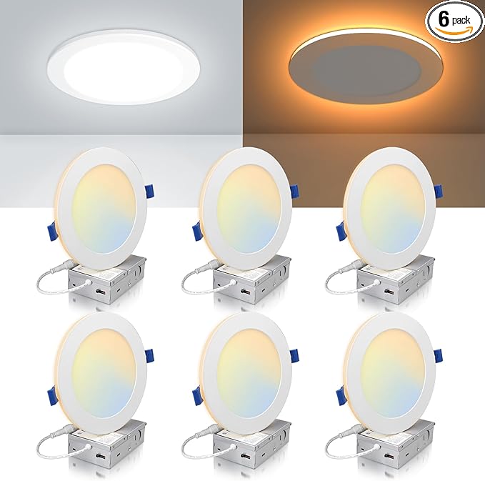 ECOELER 6 Inch 5CCT LED Recessed Ceiling Light with Night Light, 2700K/3000K/3500K/4000K/5000K Selectable Canless Recessed Lighting, 12W 1050lm, Dimmable Ceiling Downlight, ETL&FCC, 6 Pack