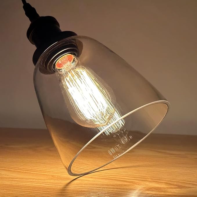 Industrial Mini Pendant Light Fixture Modern Clear Glass Adjustable Cord for Kitchen Island Dining Room Sink, Black, 3 Packs