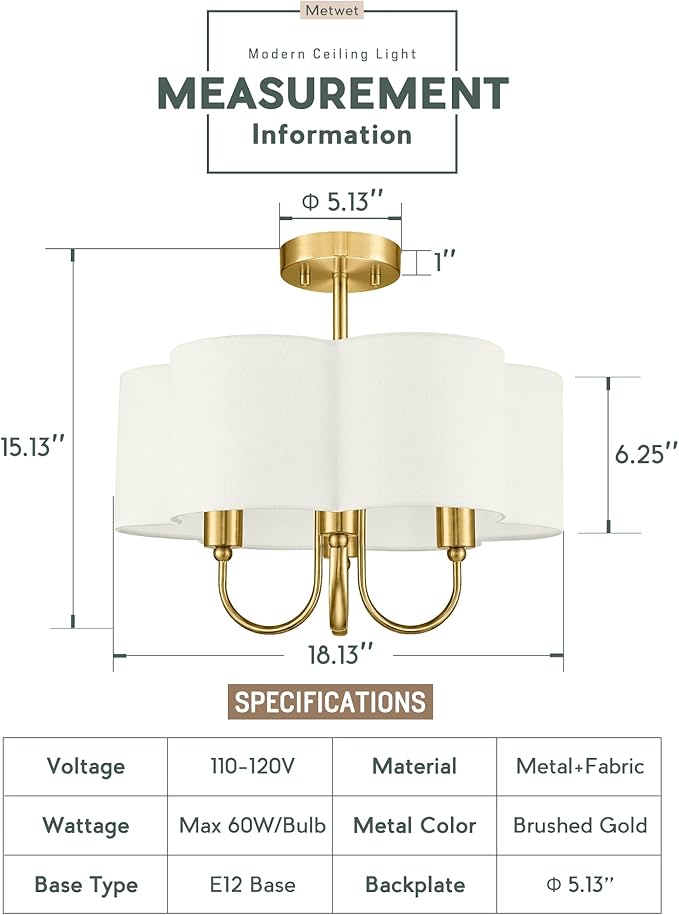 Gold Semi Flush Mount Ceiling Light, 18" 4-Light Light Fixtures Ceiling Mount with Beige Petal Fabric Shade for Kitchen Nursery Entryway Hallway Bedroom, E26 Base, SM179-BG-B-6