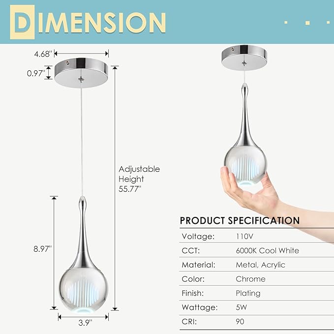 CHYING Modern LED Crystal Pendant Light Chrome Teardrop Kitchen Island Lights Fixture 6000k Cool White Globe Ceiling Hanging Lighting for Living Room Dining Room Bedroom Bathroom