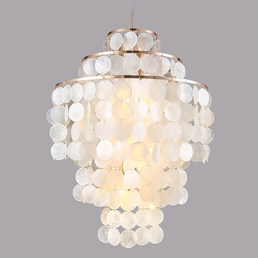 Capiz Shell Chandelier,18" Gold Coastal Chandelier Light Fixture with 4 Lights Capiz Seashell Pendant for Living Room Foyer Kitchen Island Entryway Dining Room Bedroom,LED Bulb Included